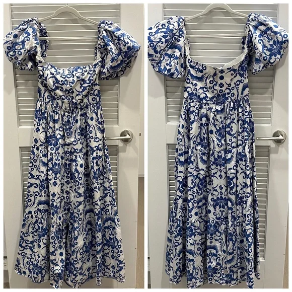 Borgo De Nor Julia Cotton Dress Venezia Blue Off the Shoulder Button UK 12 US 8 - Picture 2 of 11